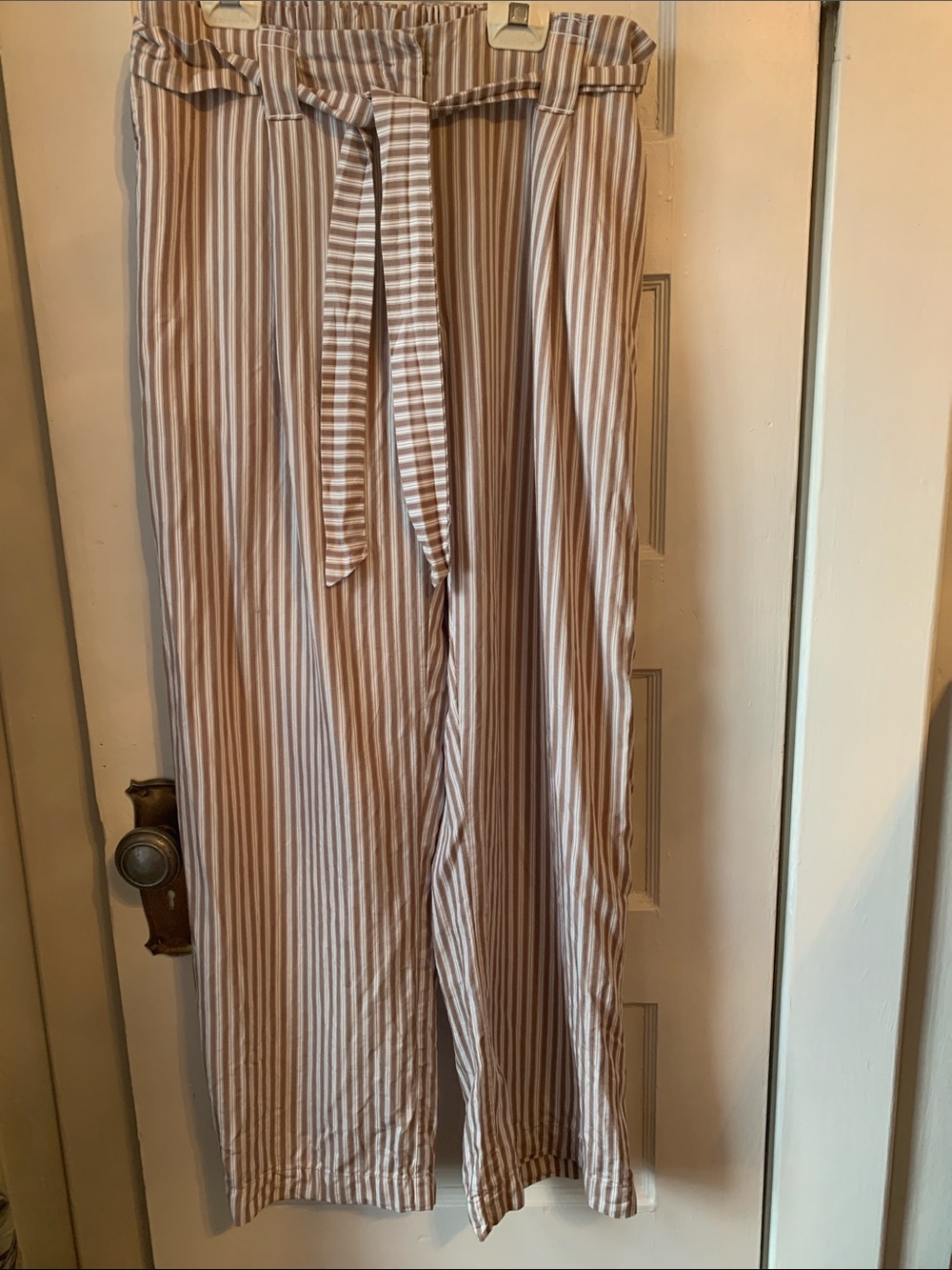 Striped Tie-Waist Wide Leg Pants - Beige & White